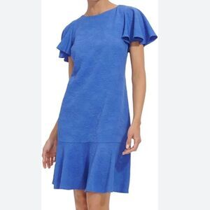 Tommy Hilfiger Flutter Sleeve Dress Round Neck Jacquard Amparo Blue
